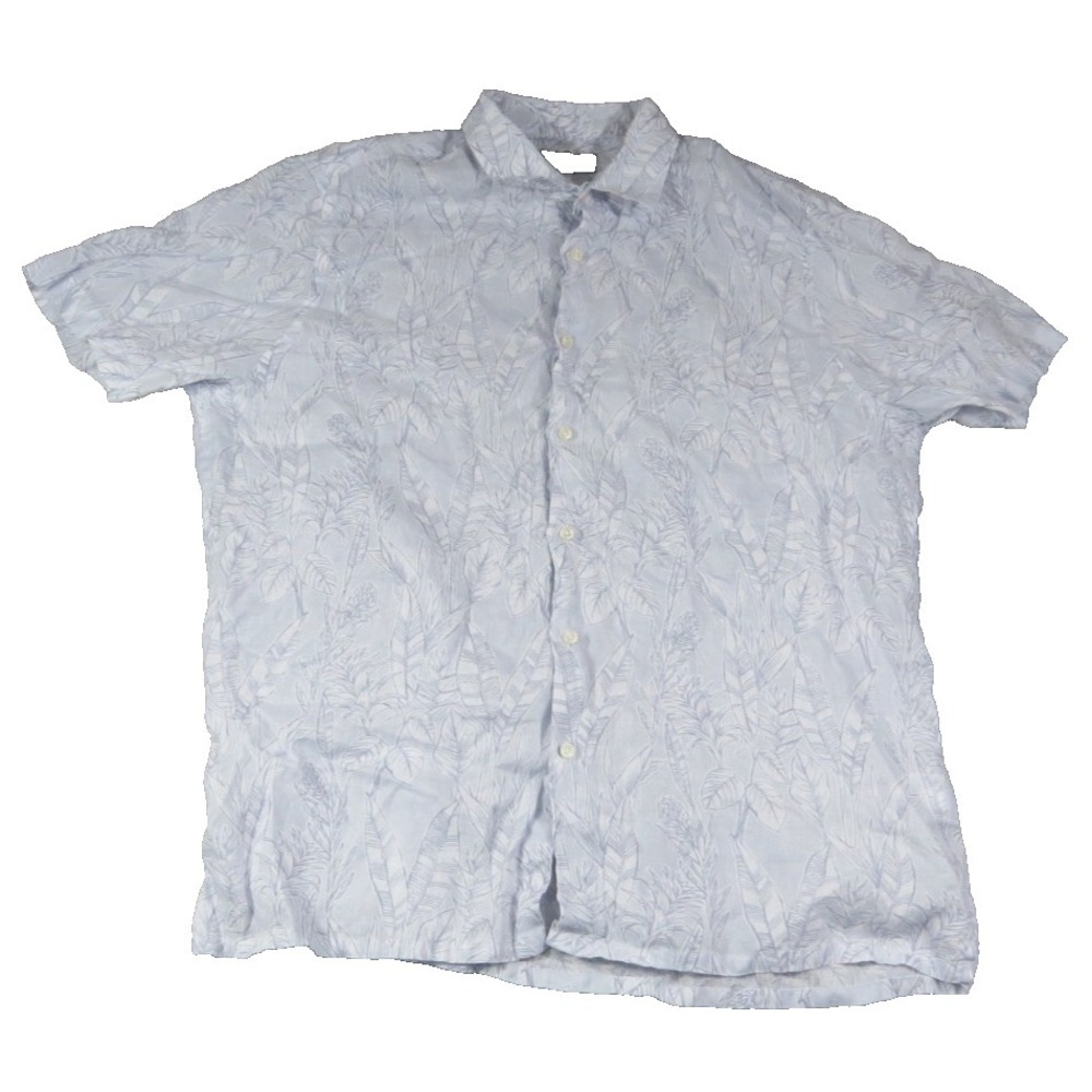 Club Room Linen Luxury Tropical‎ Leaf Print Button Down Shirt Mens XL Blue White